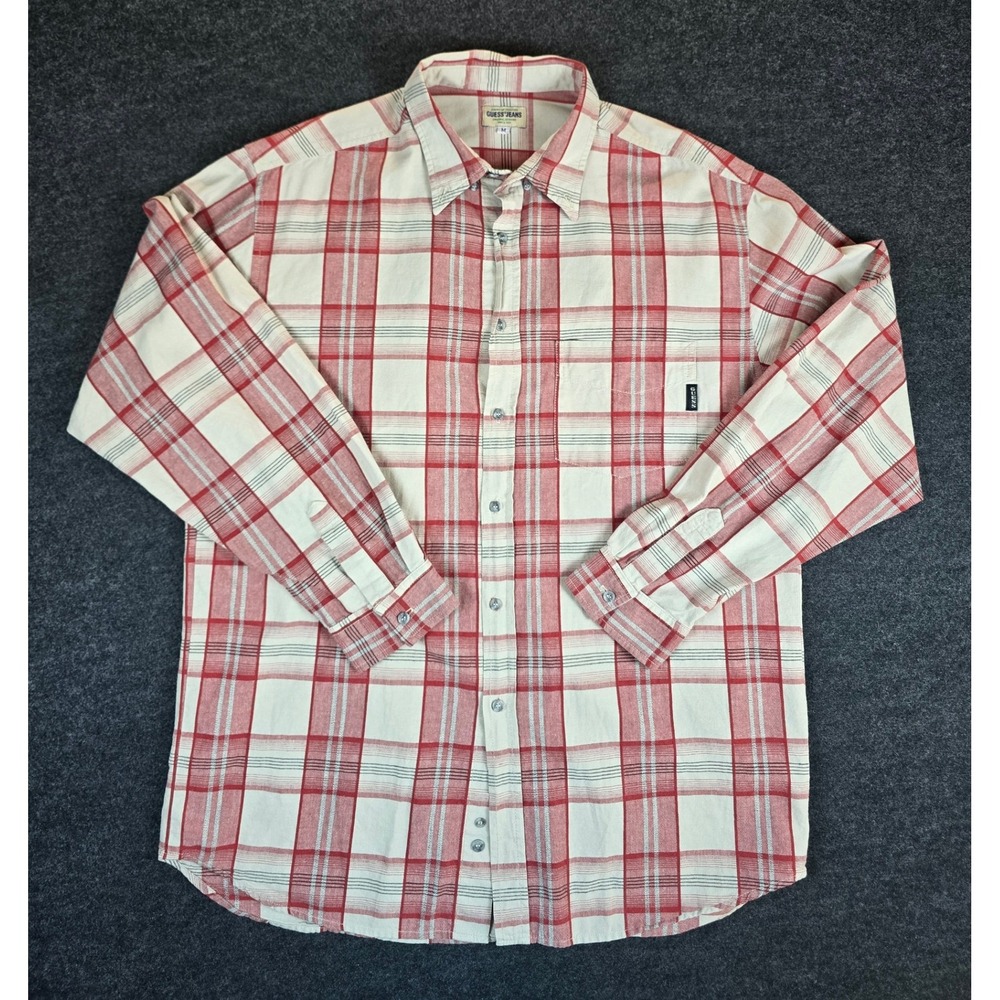 Vtg Guess Mens Red Cream Plaid Button Down Shirt Long Sleeve Overized Size M